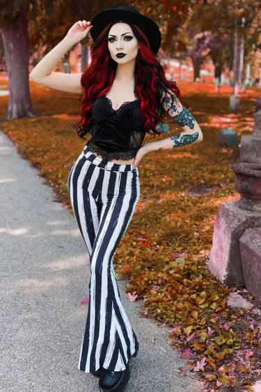 Distressed Black & White Striped Beetlejuice Fl are Pants